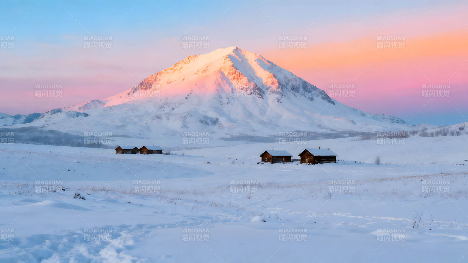 雪山小屋夕阳美景图片