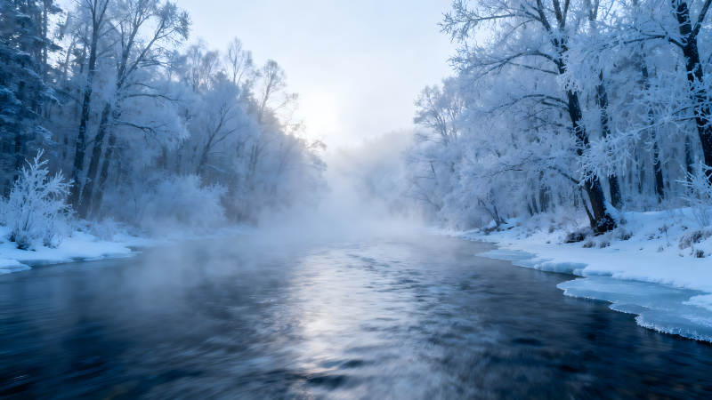 寒冬雾气笼罩下的河流风光图片