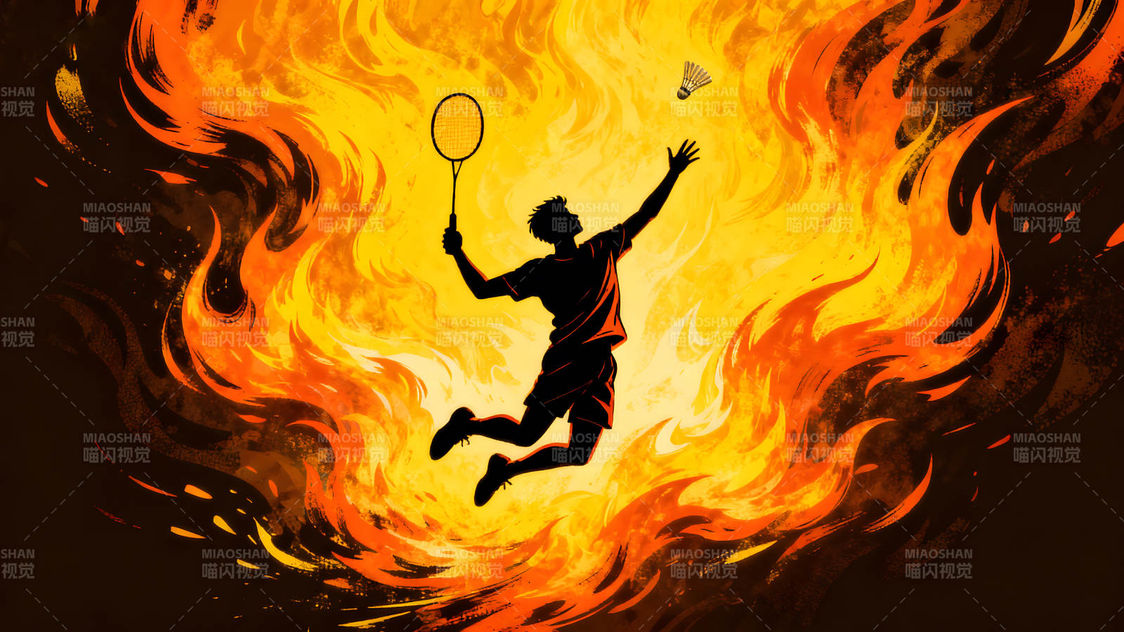 羽毛球选手跃起在火焰中图片