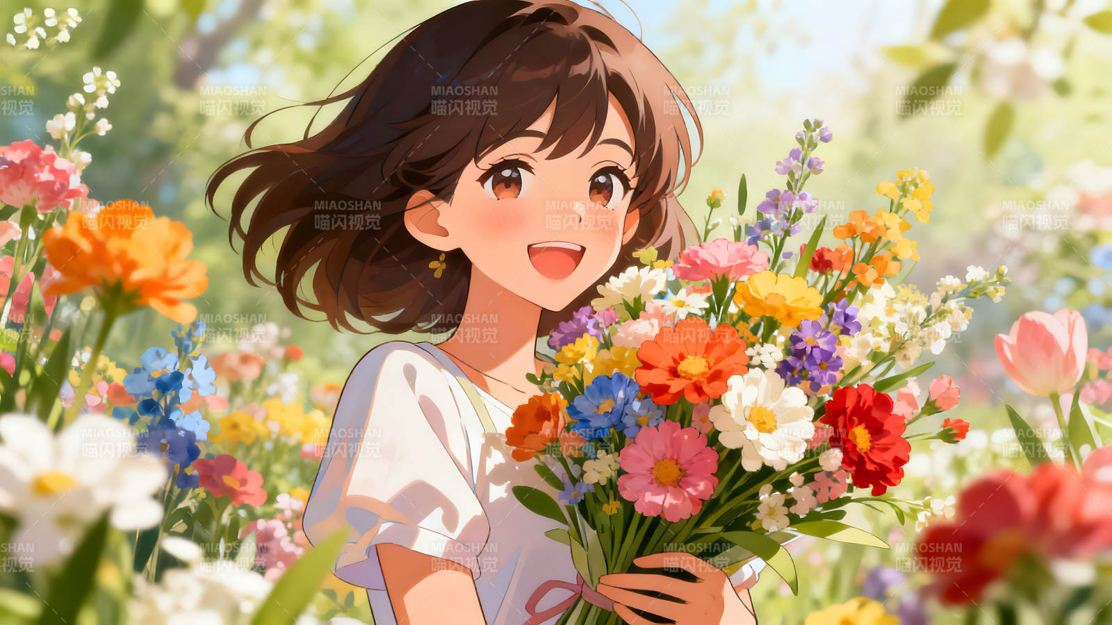 少女手捧鲜花笑容灿烂置身花海图片