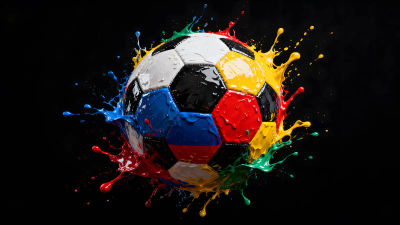 彩色足球飞溅油漆在黑色背景下图片
