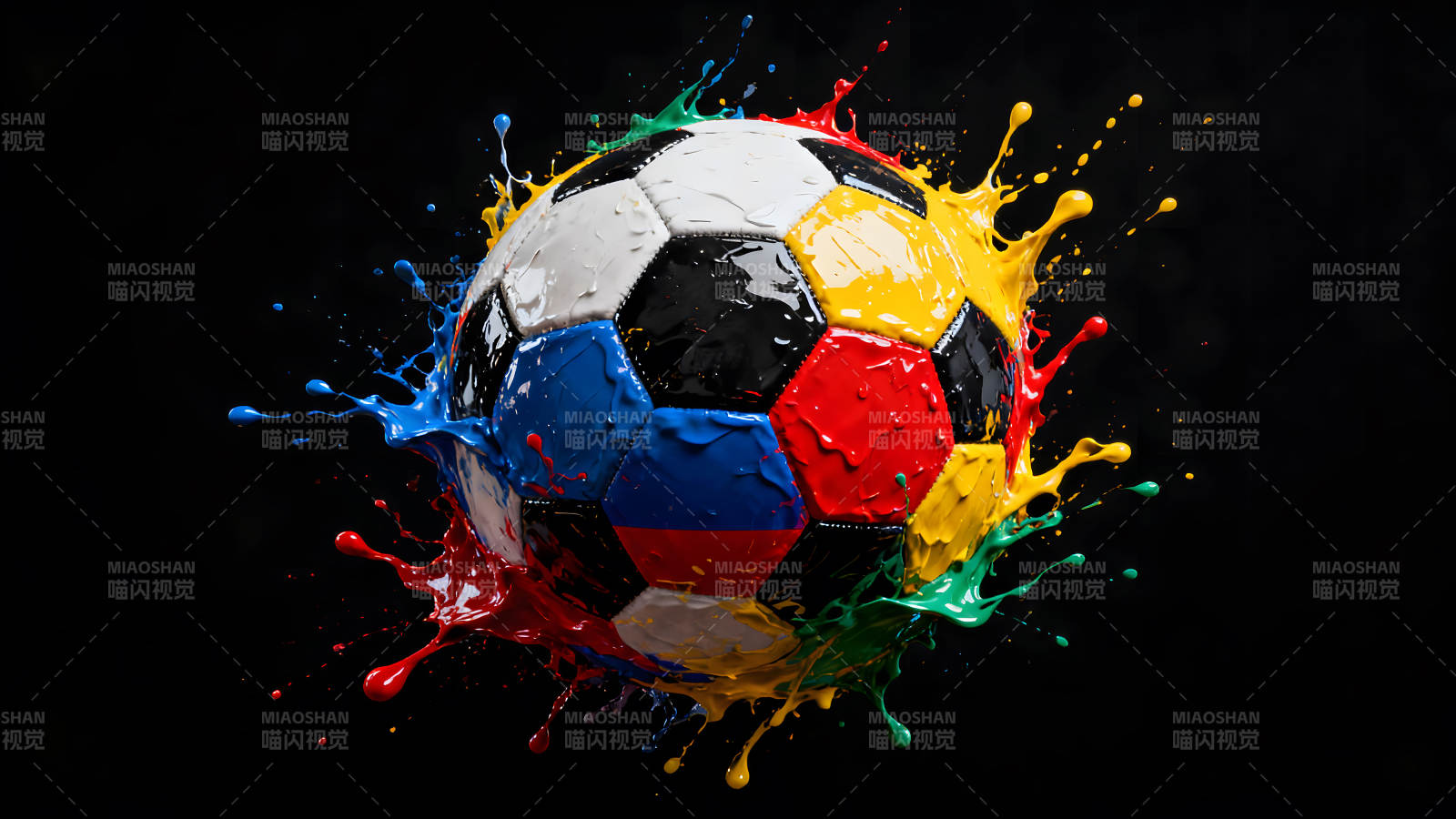 彩色足球飞溅油漆在黑色背景下图片