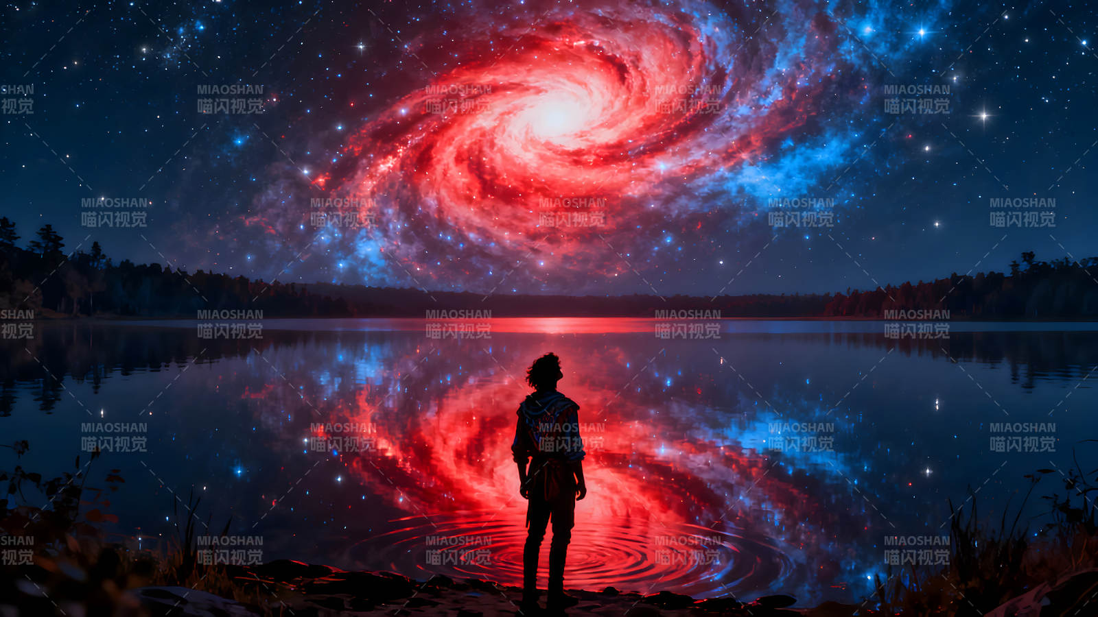 宇宙倒影湖泊与人沉思图片