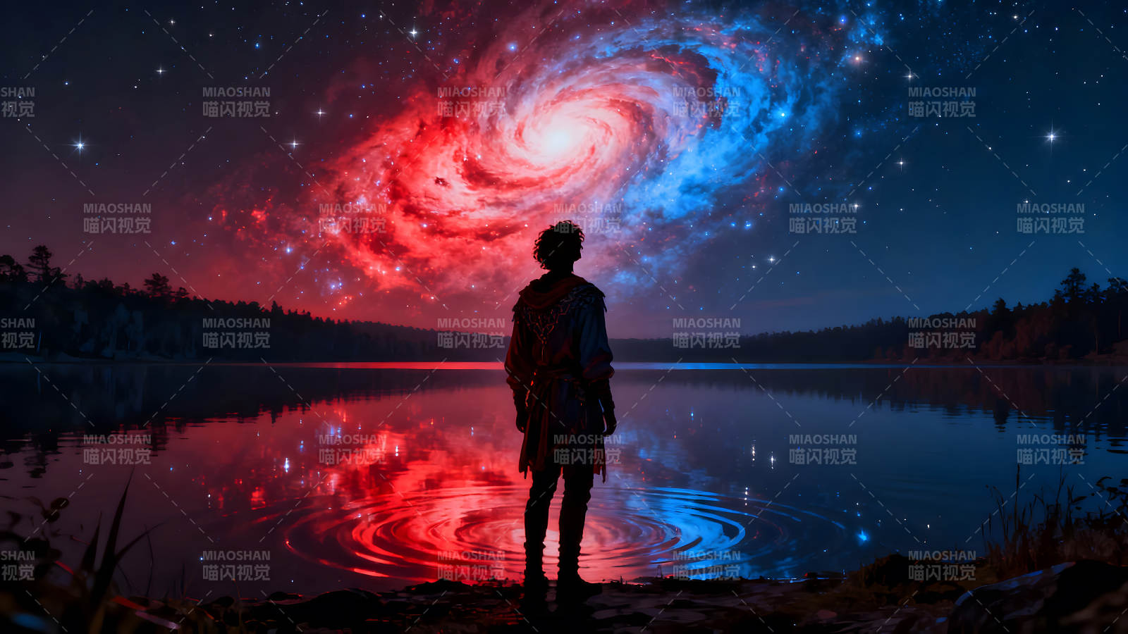 人观星空湖泊倒影图片