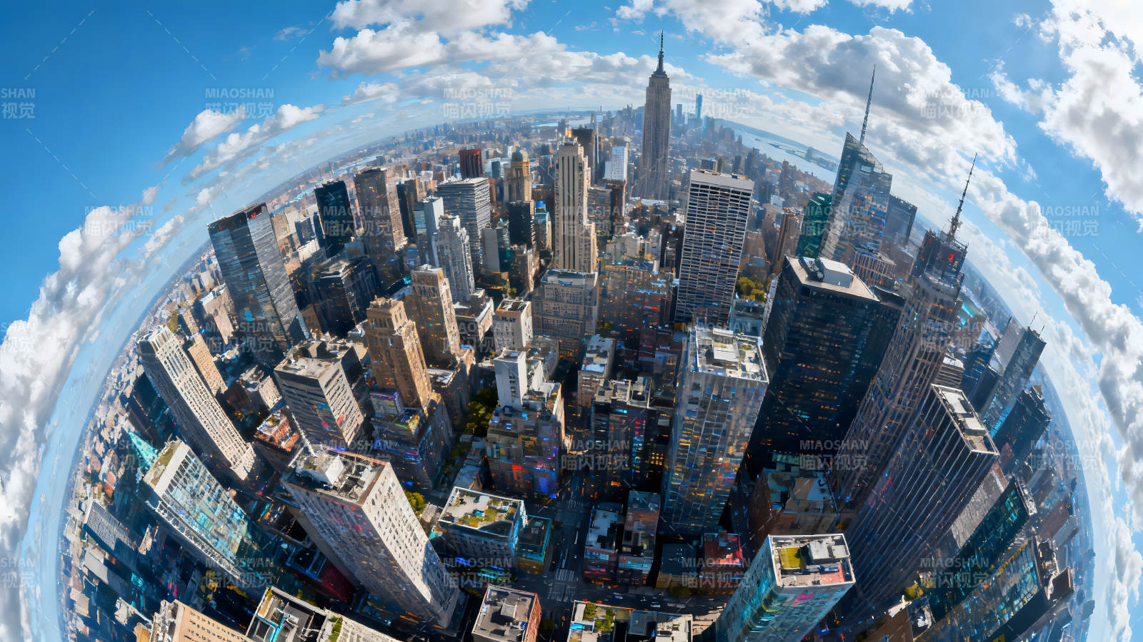 纽约城市鸟瞰图蓝天白云与摩天大楼图片