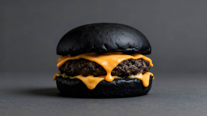黑面包芝士汉堡诱人美食特写图片