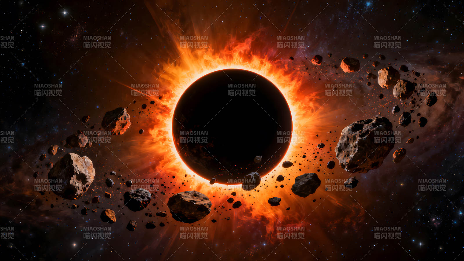 星体环绕烈焰黑暗宇宙景象图片