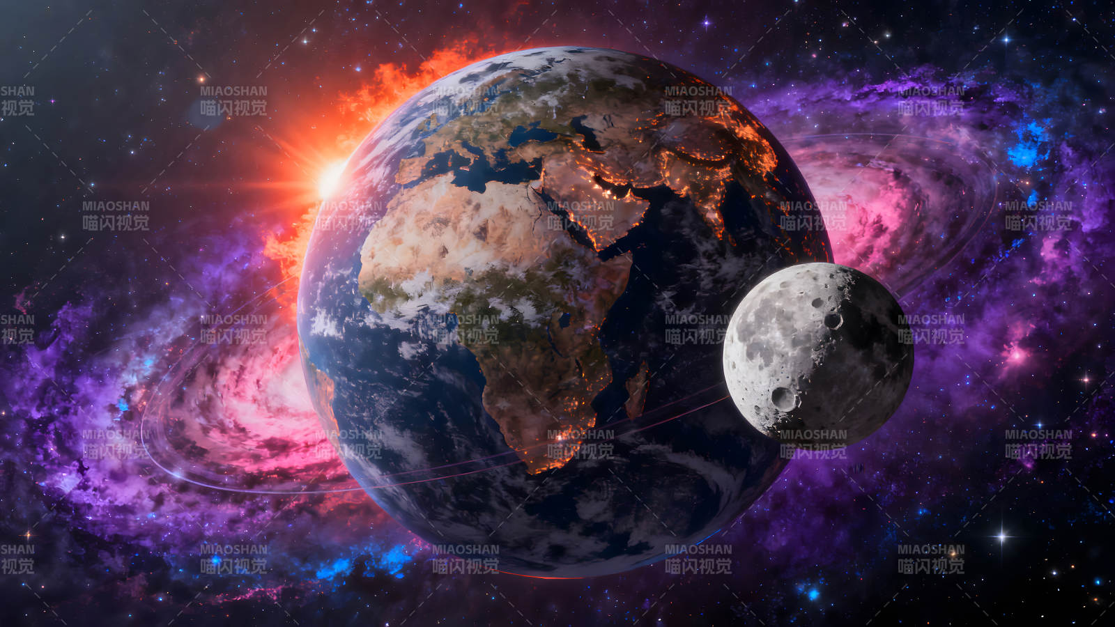 宇宙地球与月亮星云绚丽景色图片