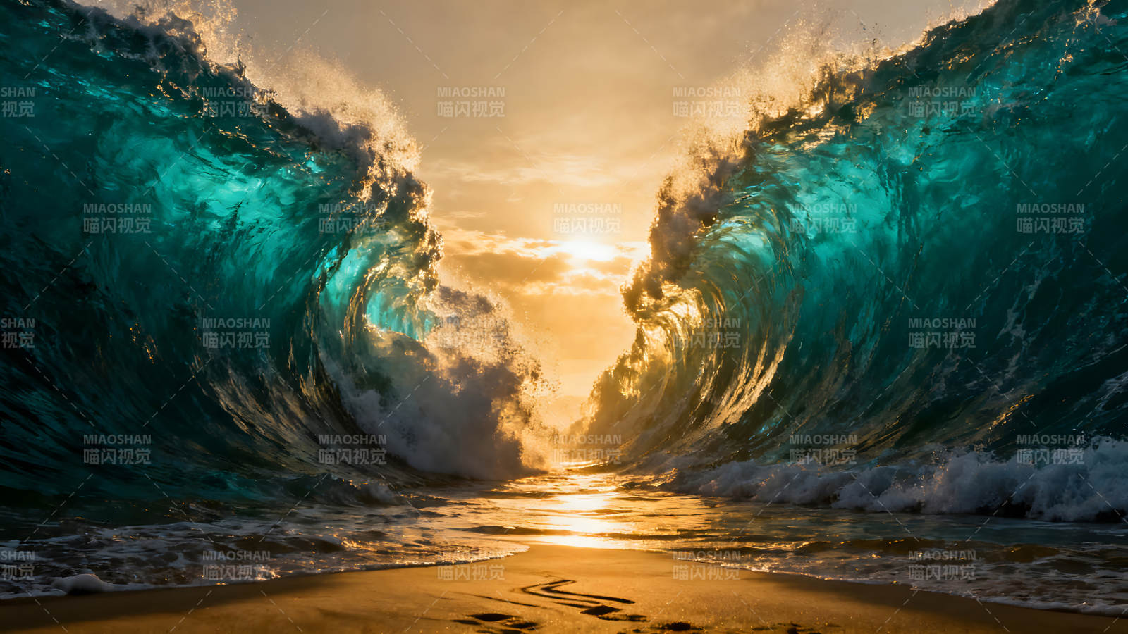 海浪冲刷沙滩阳光照射图片