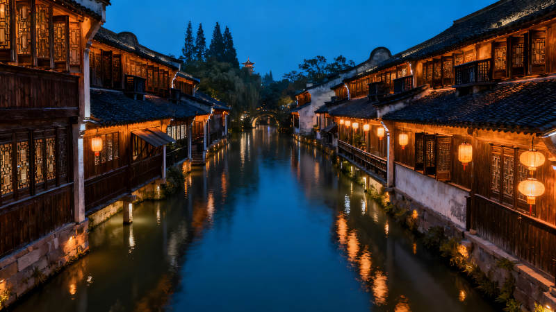 夜色下的中国江南水乡古镇图片