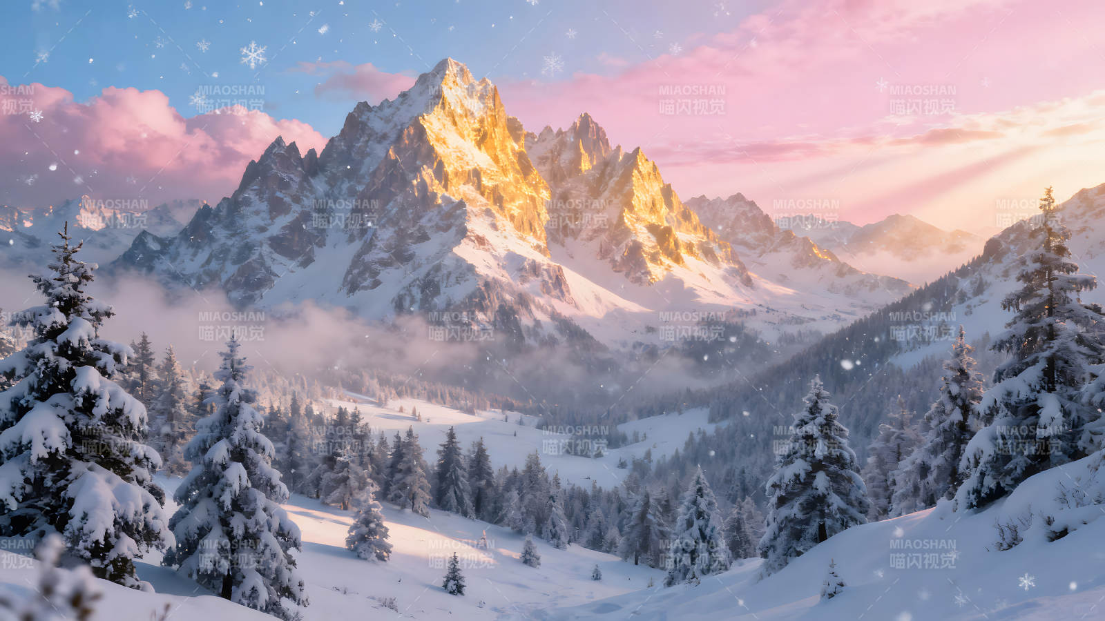 雪山下的冬日森林阳光洒满山峰图片