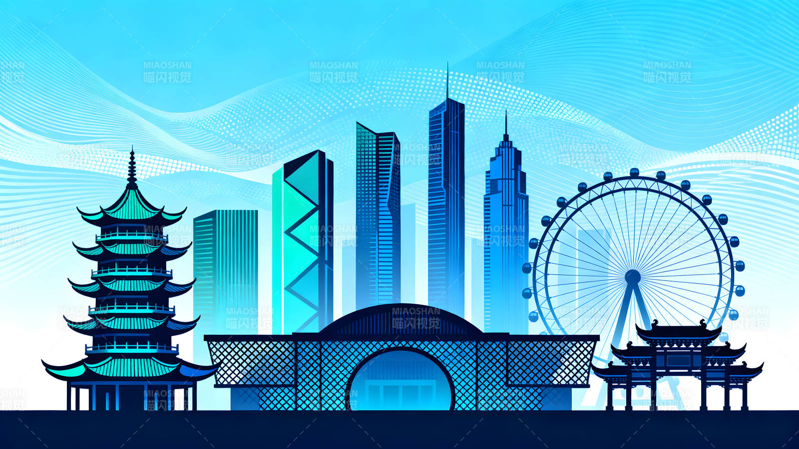 城市建筑风景插画蓝色调图片