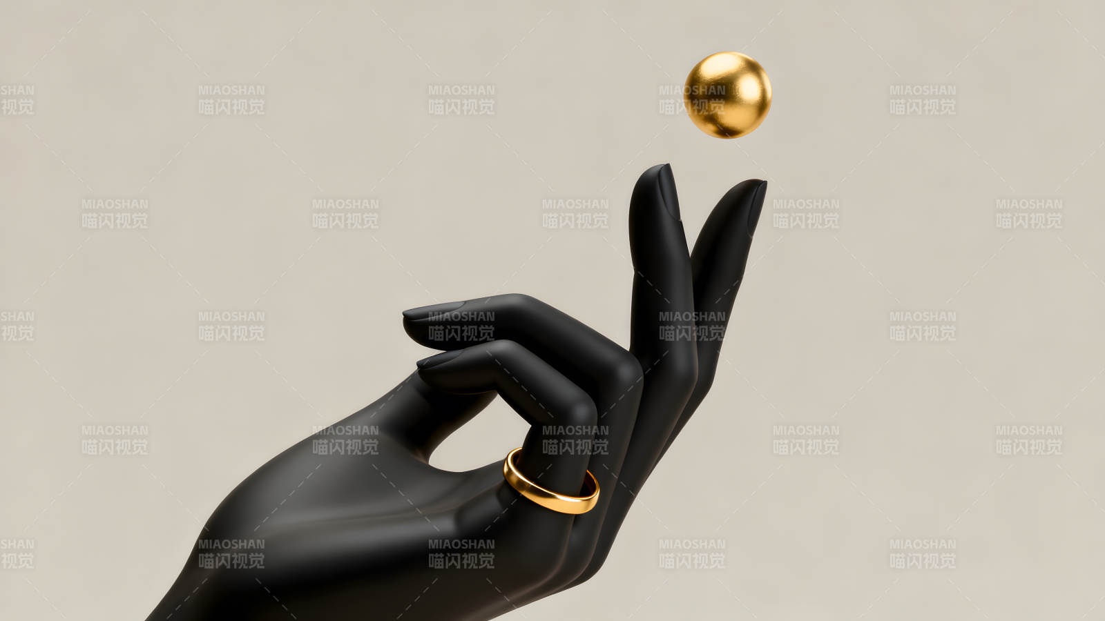 黑色手与金球戒指的抽象艺术图片