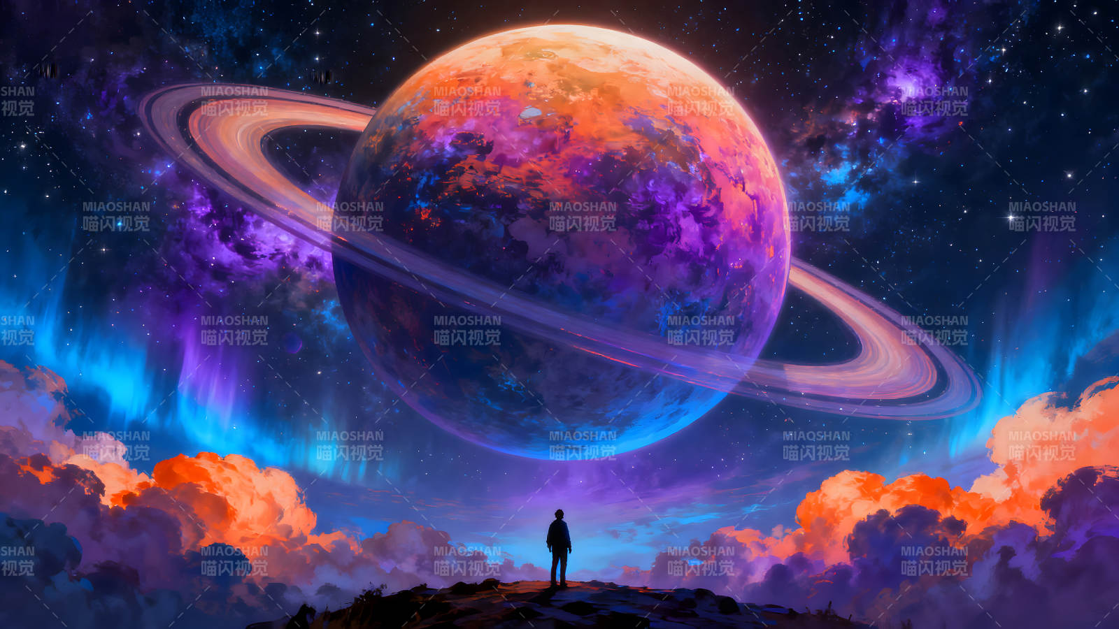 梦幻星空下的孤独旅人图片