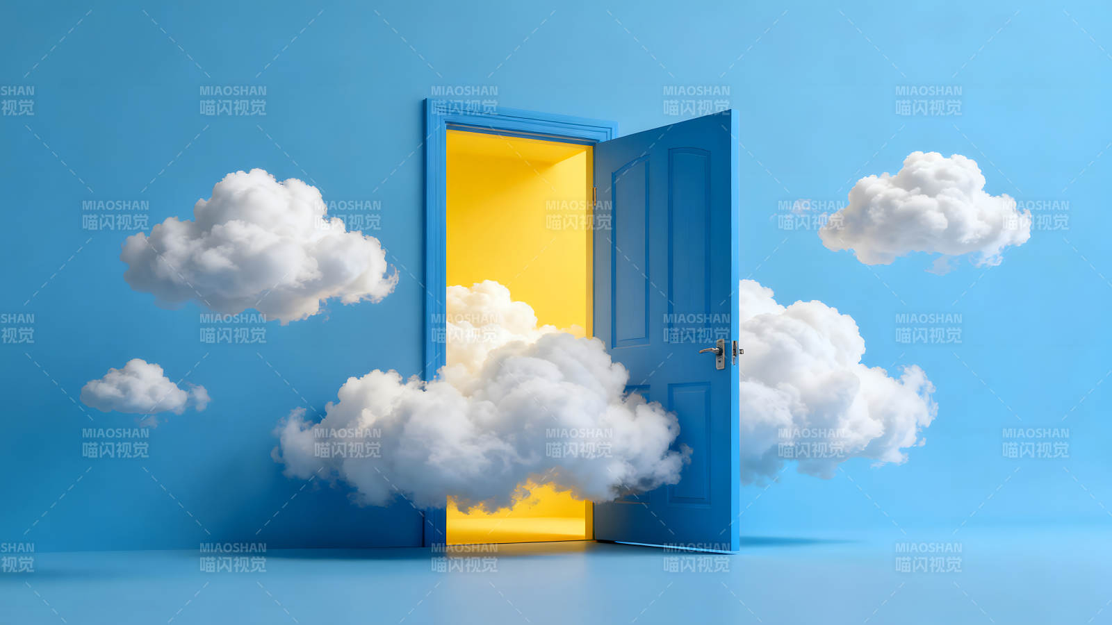 蓝色的门通向梦幻般的云朵图片