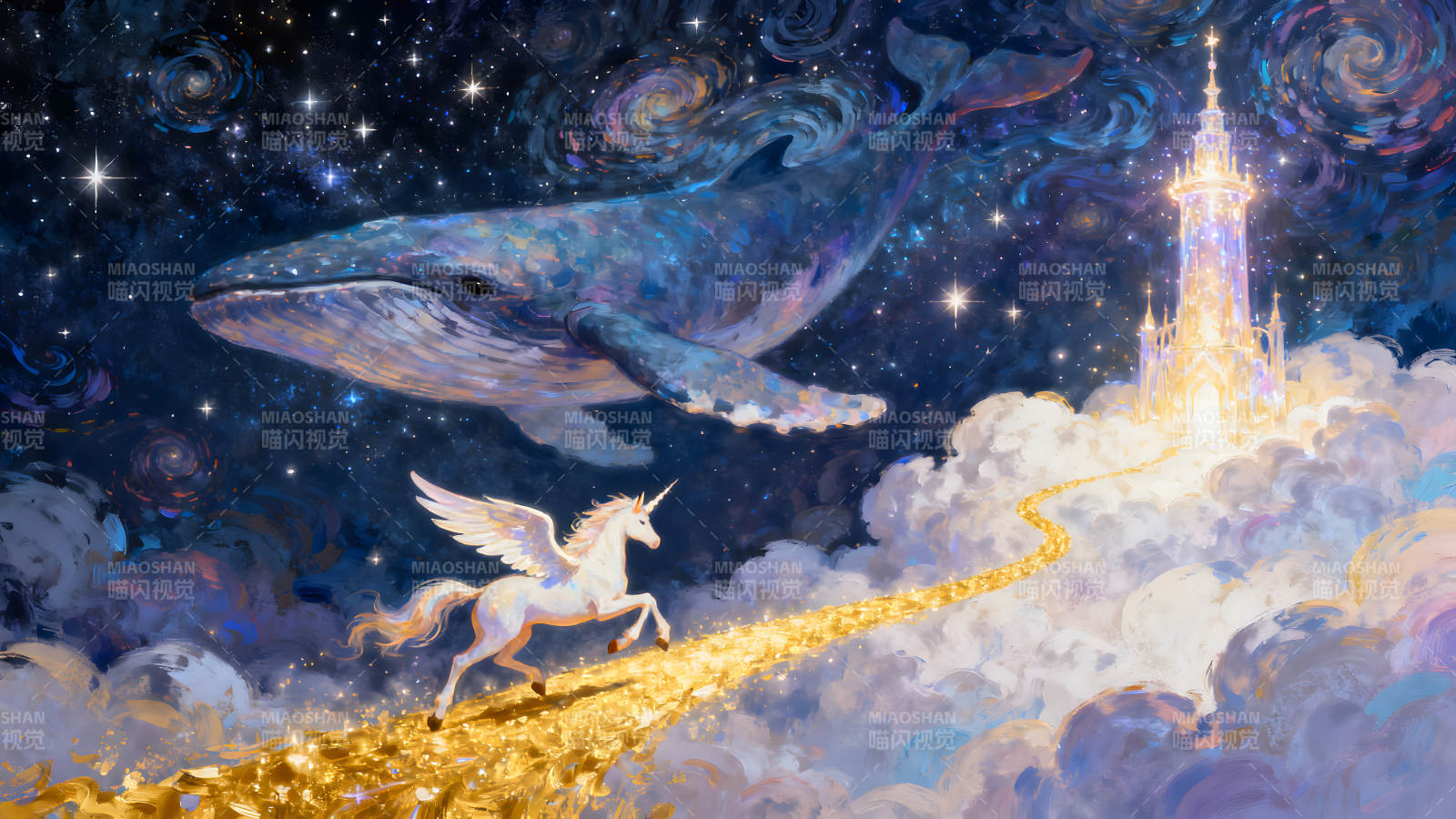梦幻星空独角兽与鲸鱼图片