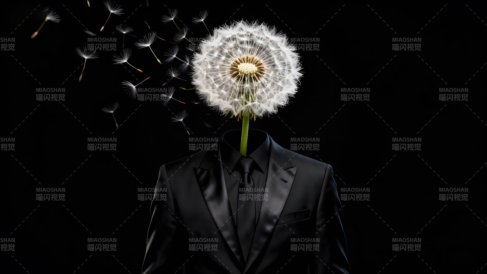 西装男人蒲公英头黑背景下飘散图片