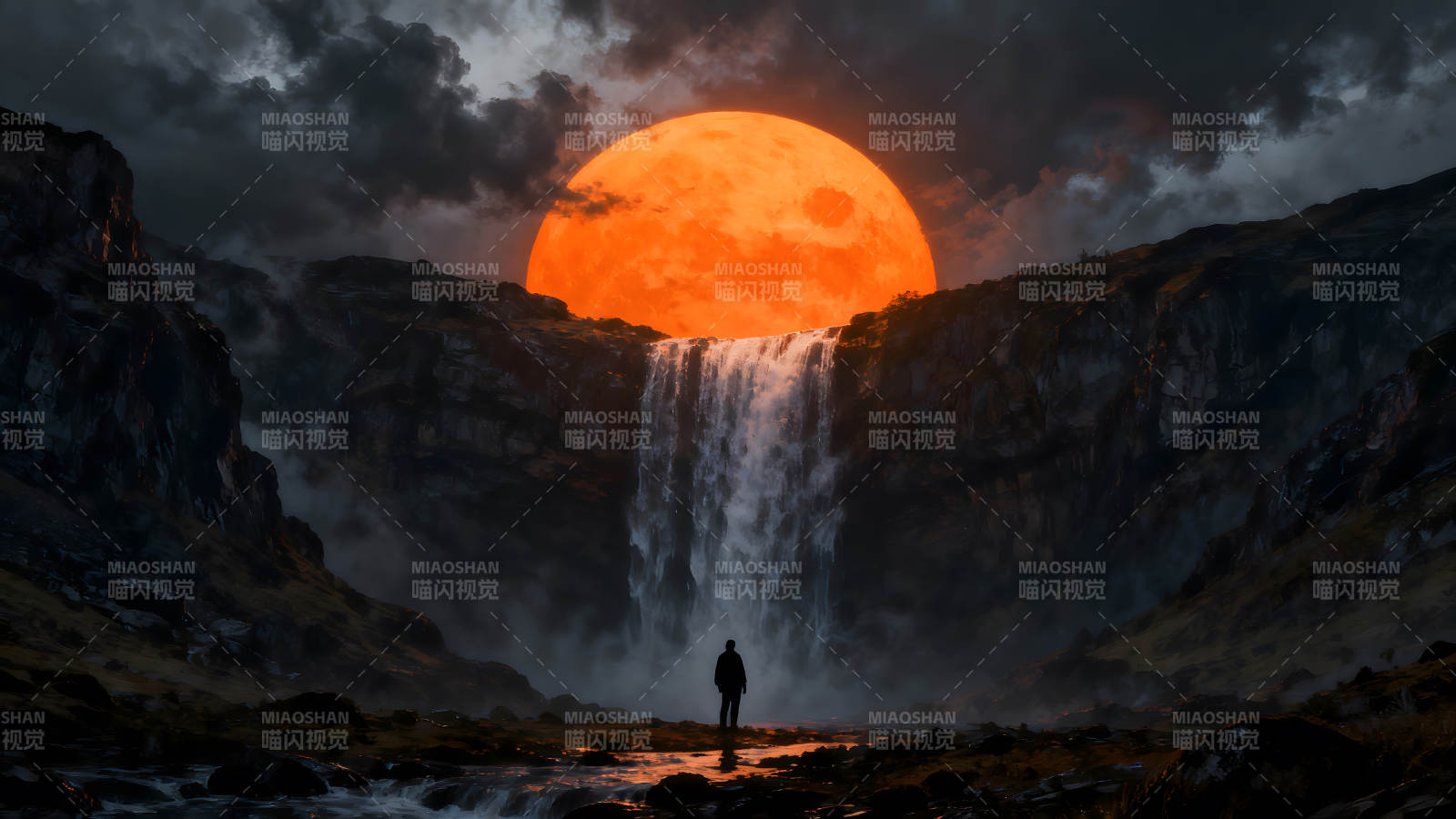 瀑布月亮下的人影图片