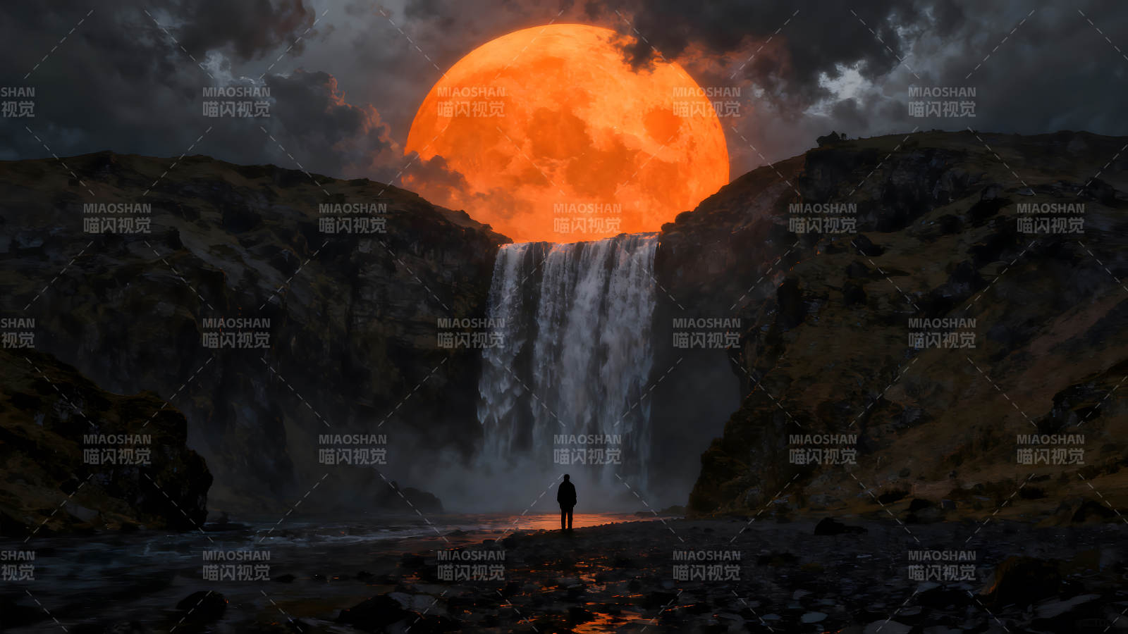 瀑布明月下的人影图片