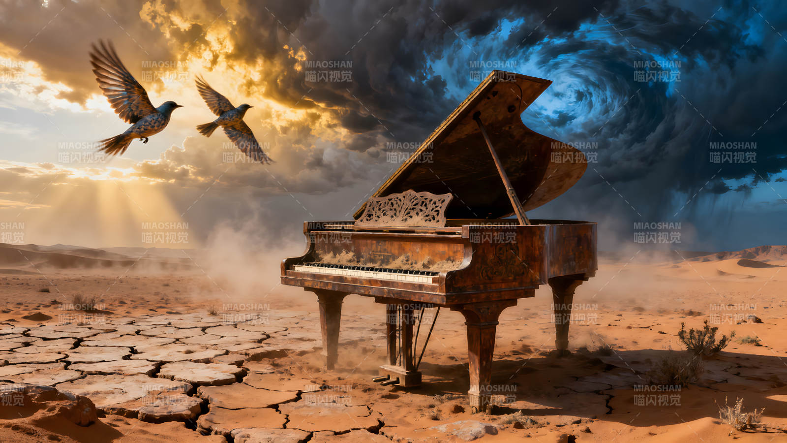 沙漠中的钢琴与飞鸟画面唯美图片