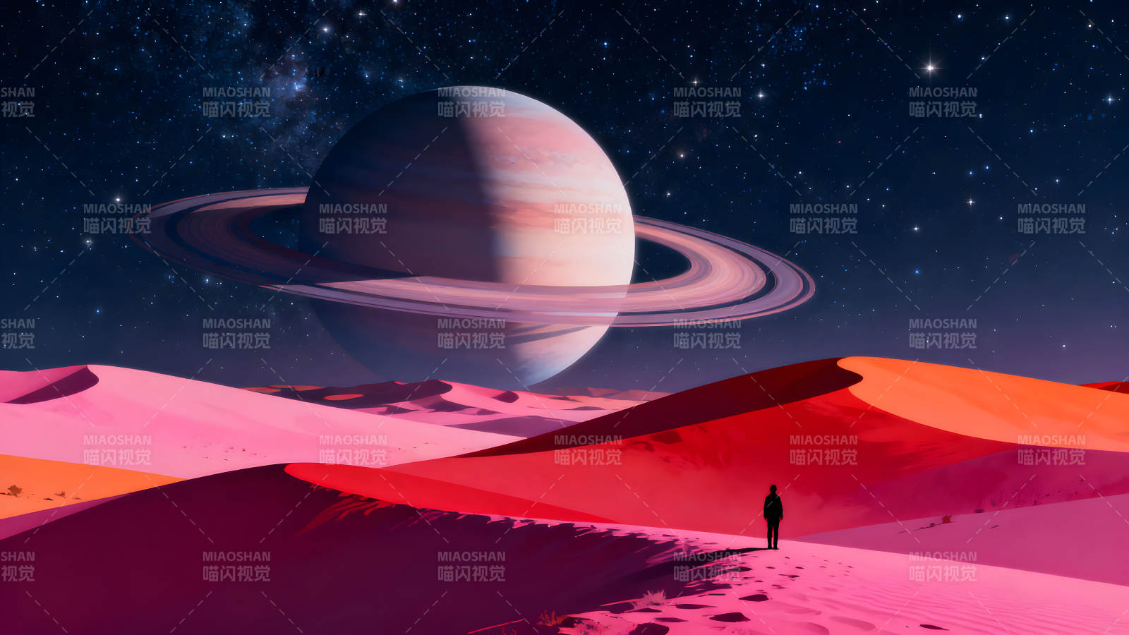 异星沙漠的孤独探索者与行星图片