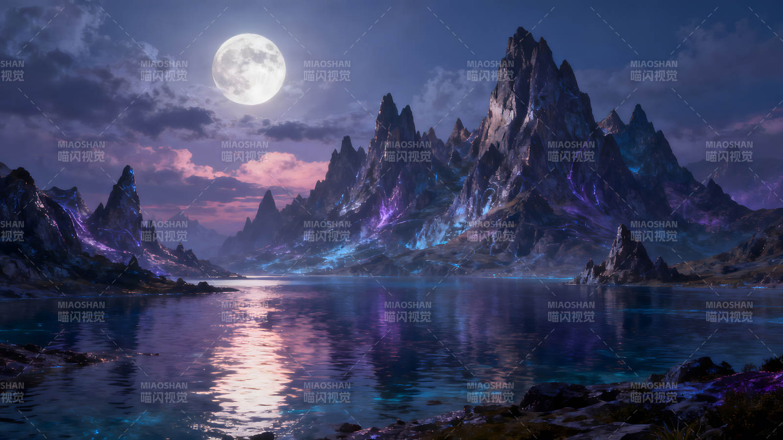 月光湖泊山峰美景梦幻场景图片