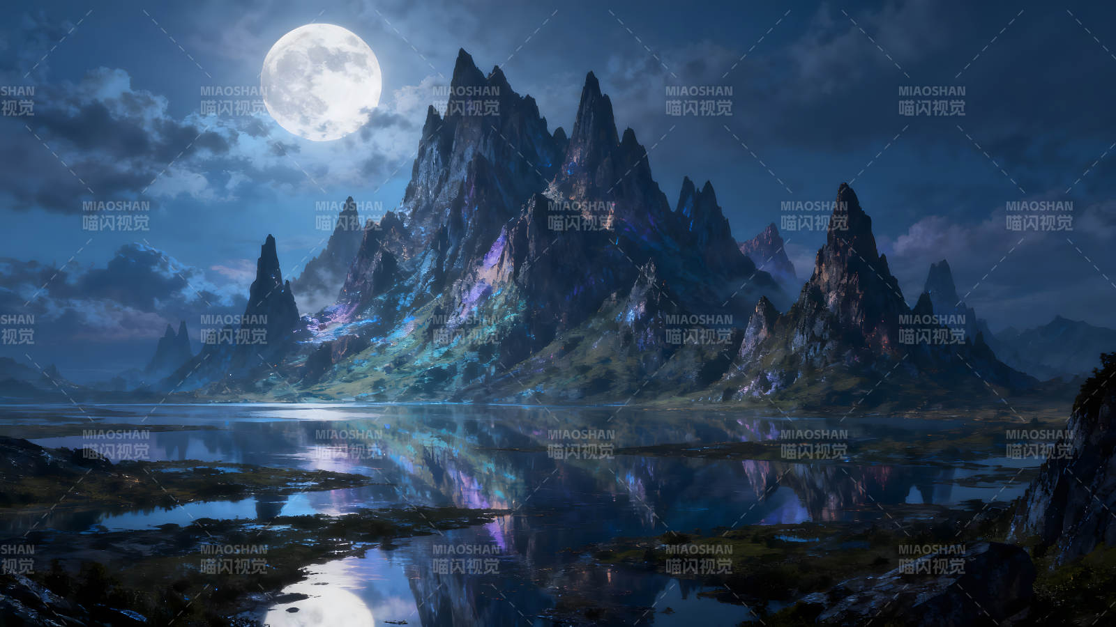 夜空下的山水画月光映照湖面图片