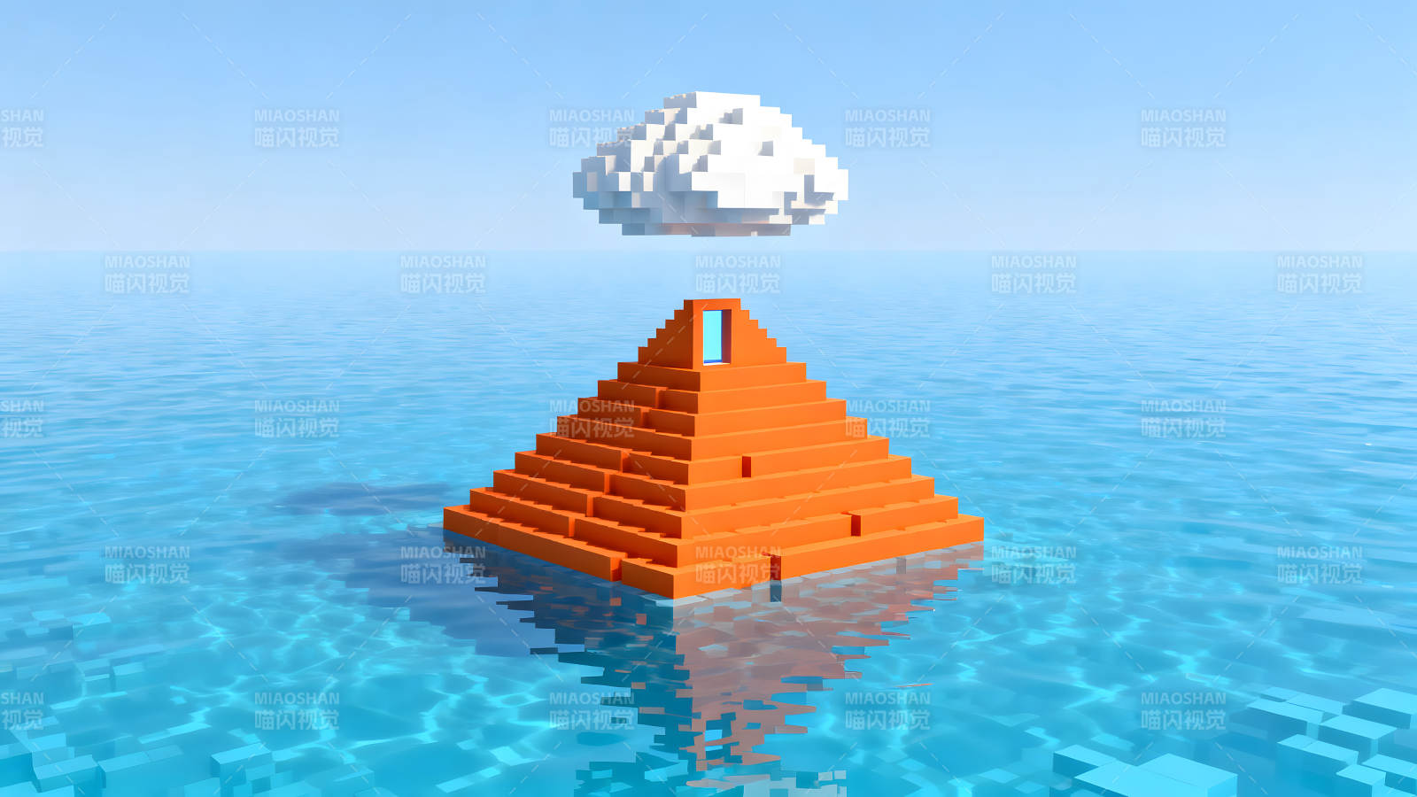 像素化金字塔与云朵在水面漂浮图片