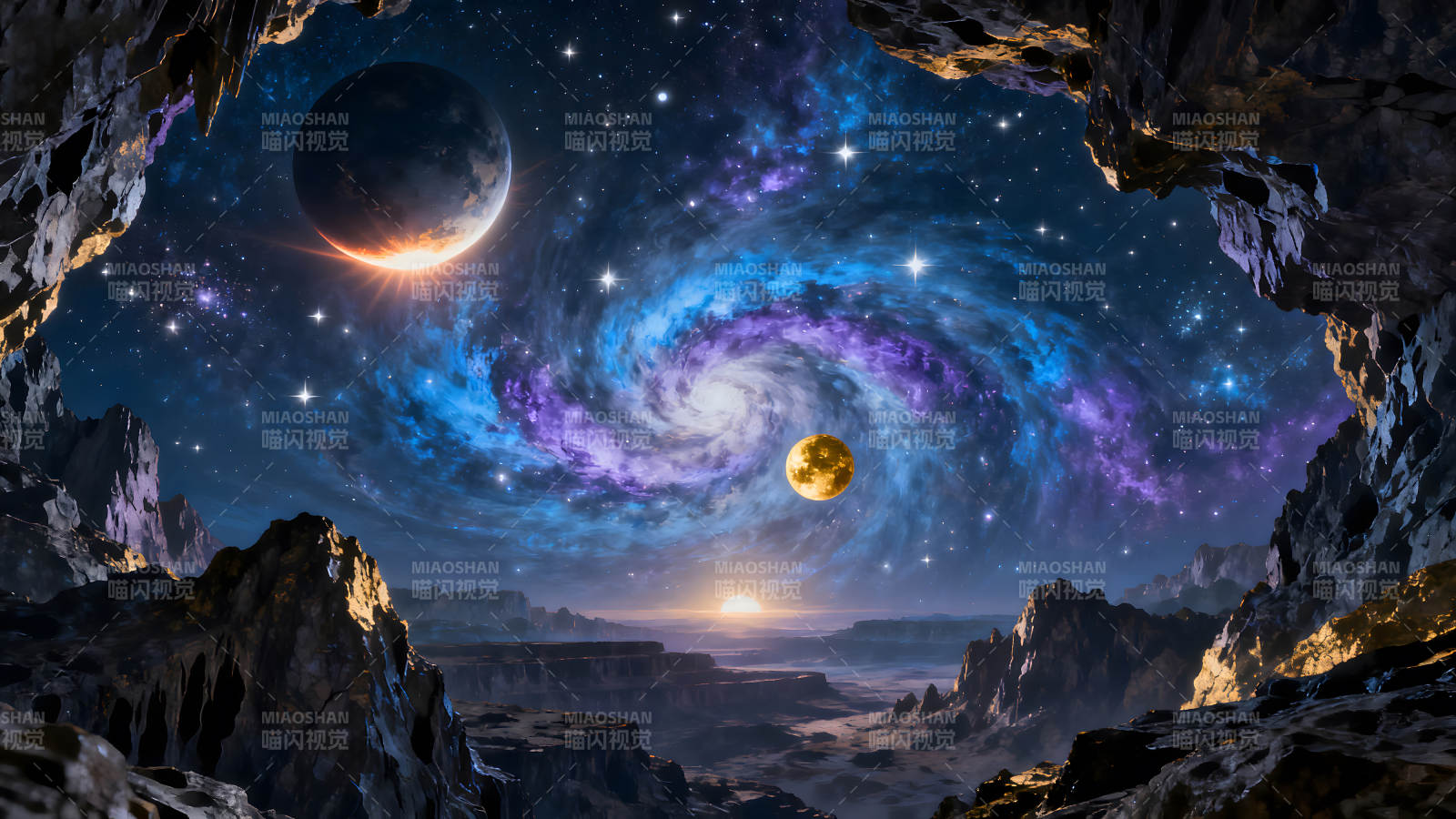 宇宙星空岩石下奇异景色图片