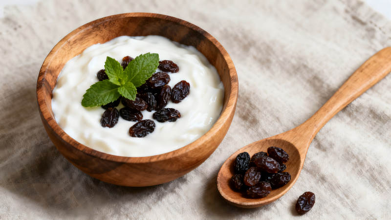 木碗酸奶配葡萄干和薄荷叶图片