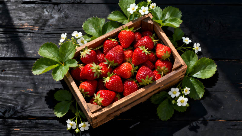 木盒草莓特写阳光下的新鲜草莓图片