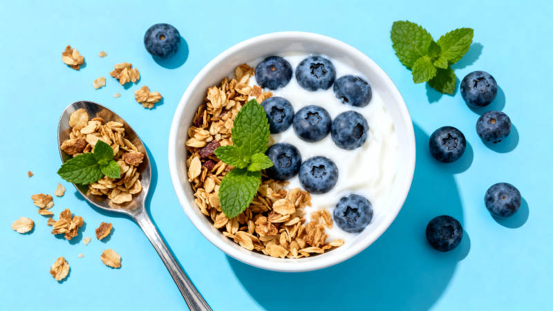 蓝莓酸奶麦片早餐特写图片