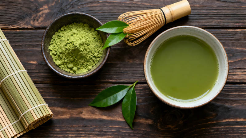 抹茶饮品及相关物件静物图图片