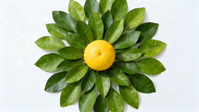 柠檬叶片环绕黄色水果图片