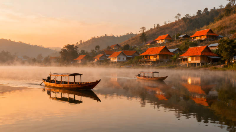 晨雾笼罩下的宁静村庄图片