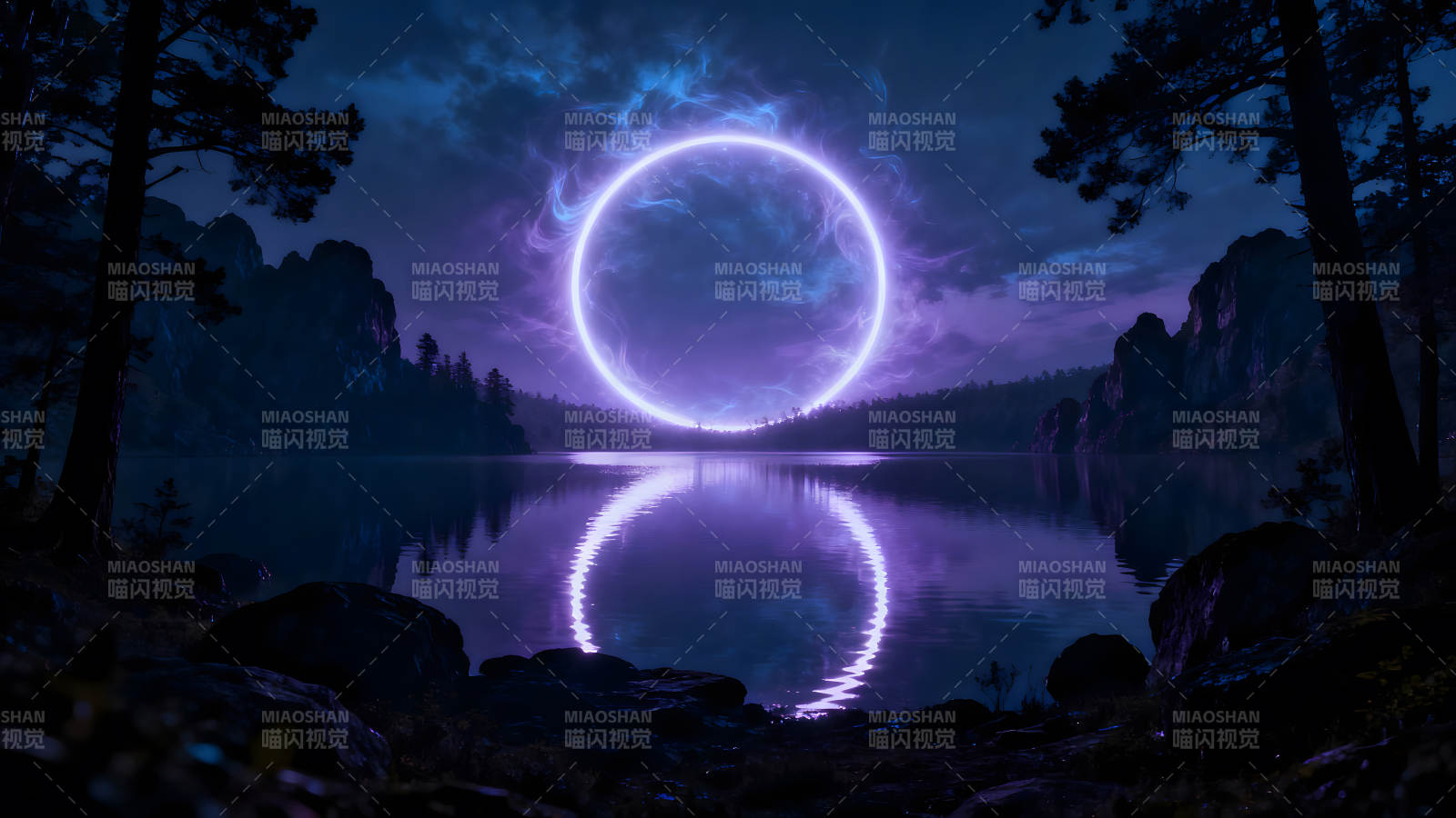 夜晚湖泊中的发光圆环图片