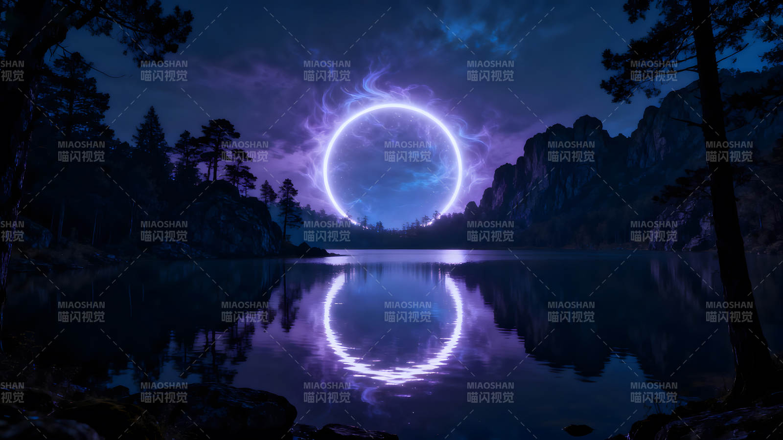 夜空下的奇幻湖泊光环图片