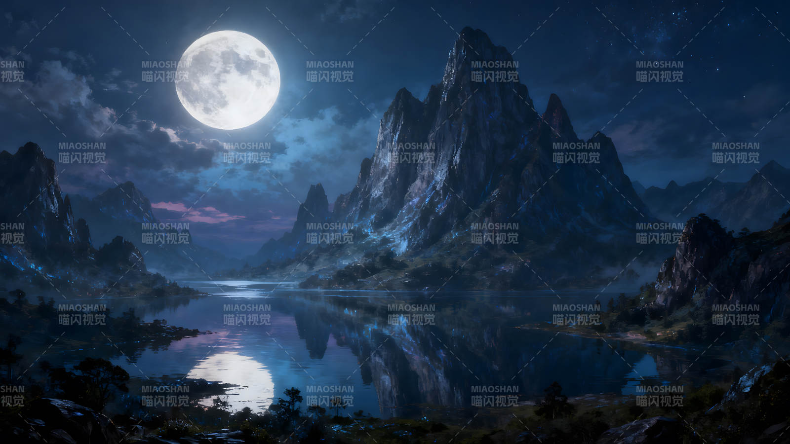 夜幕下的山河湖泊皎洁月光笼罩大地图片