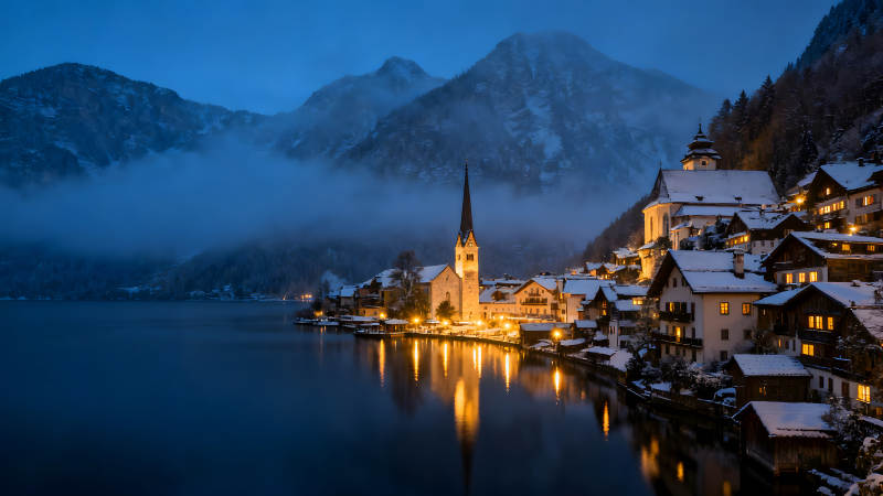 夜色雪山小镇宁静倒影图片