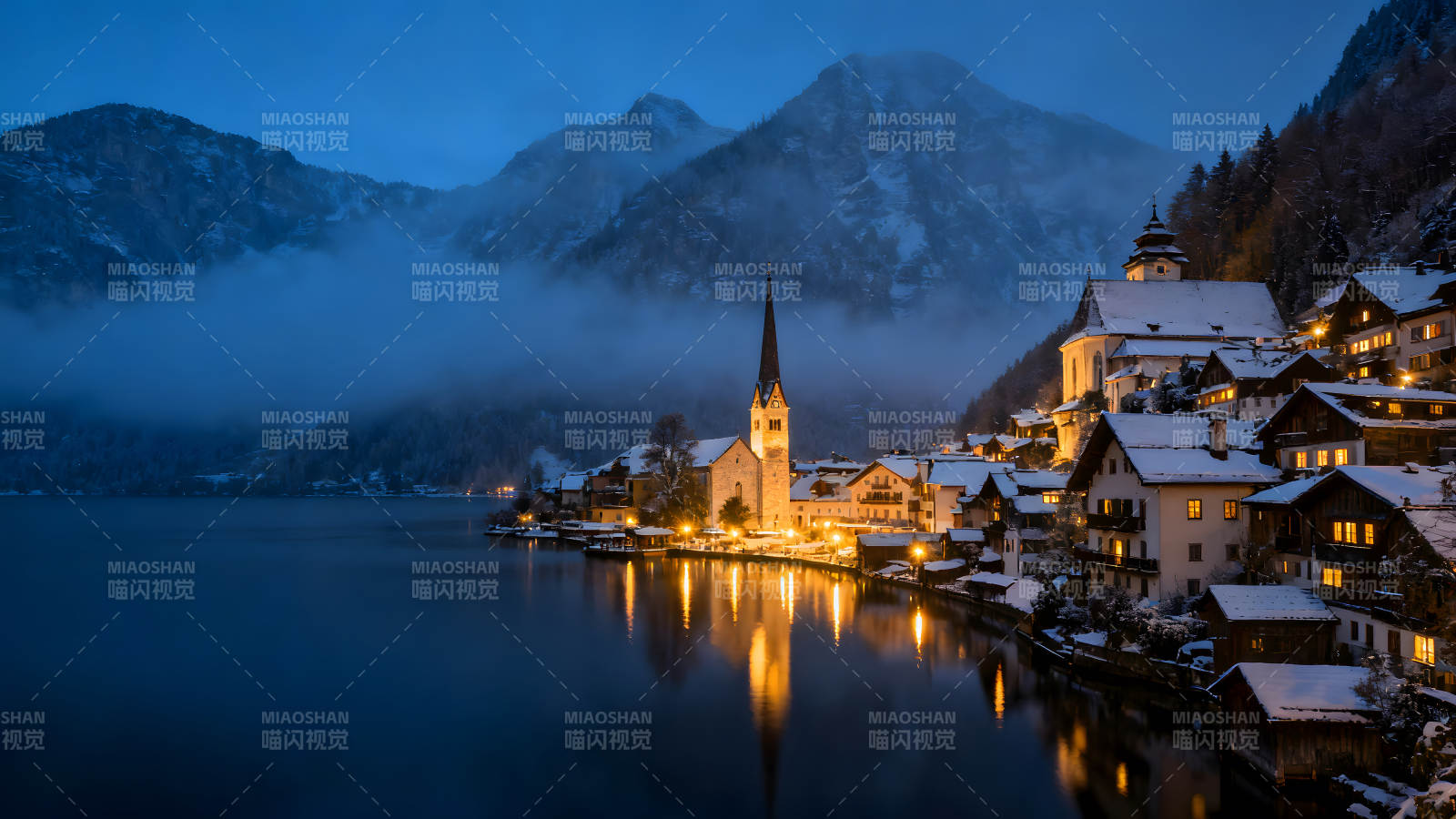 夜色雪山小镇宁静倒影图片