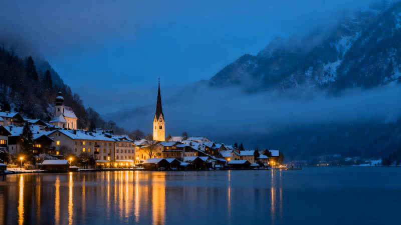 夜幕下的雪山小镇宁静而美丽图片
