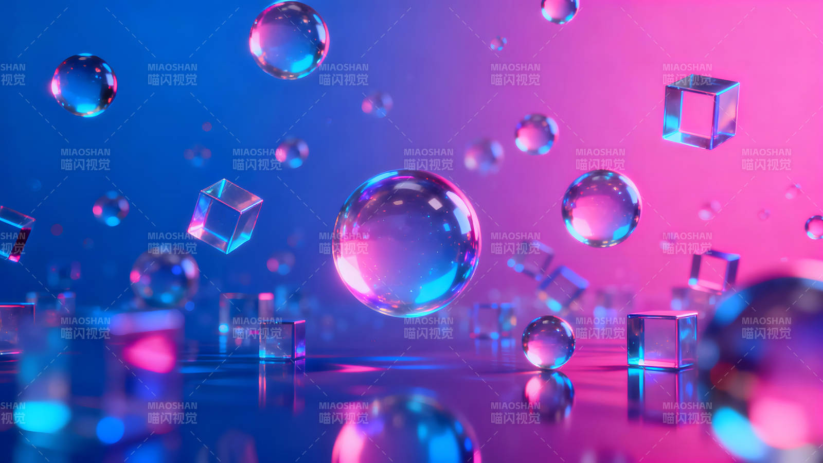 悬浮玻璃球与立方体抽象霓虹背景图片