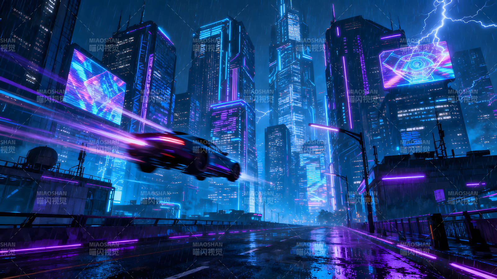 赛博朋克城市夜晚汽车飞驰图片