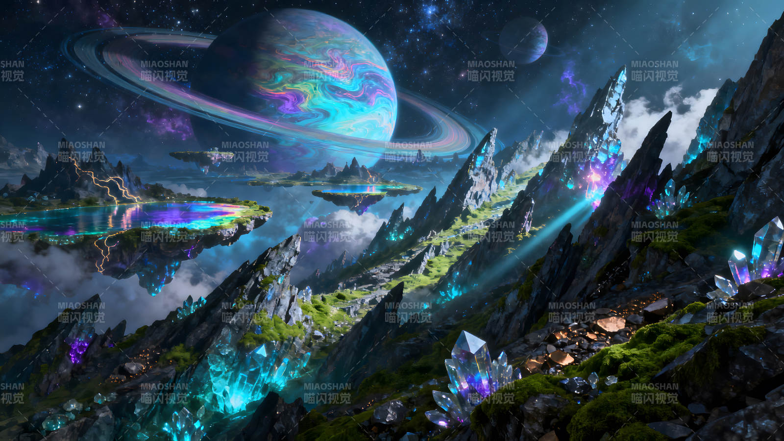 奇幻星球景色水晶山峰环绕图片
