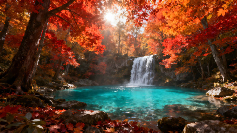 秋日瀑布美景色彩绚丽风光无限图片