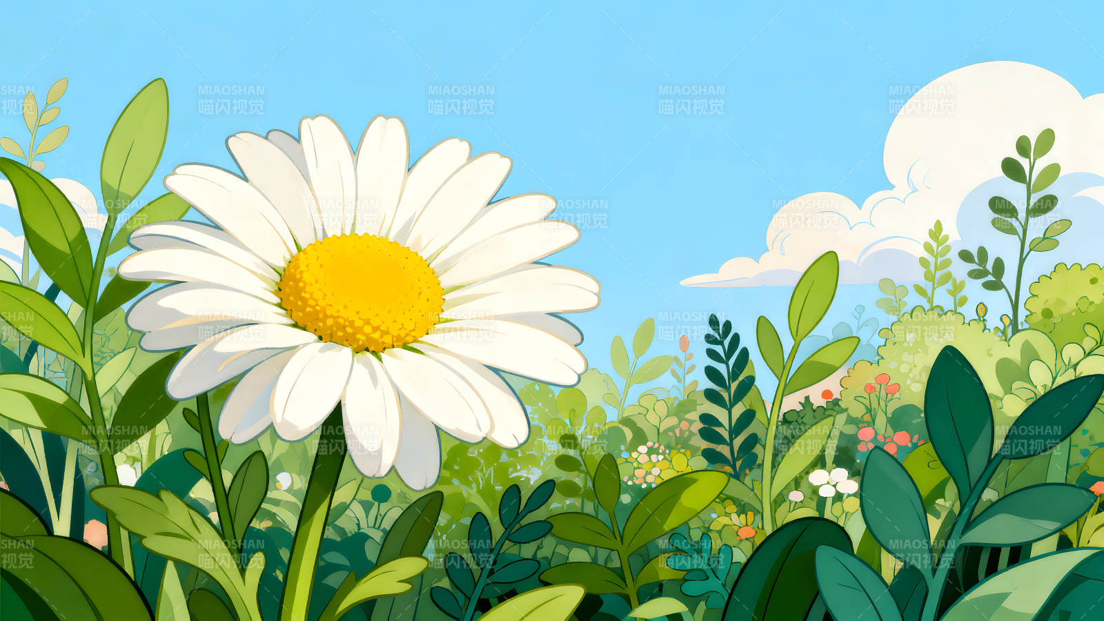 鲜花绿植背景下的美丽田园风光图片