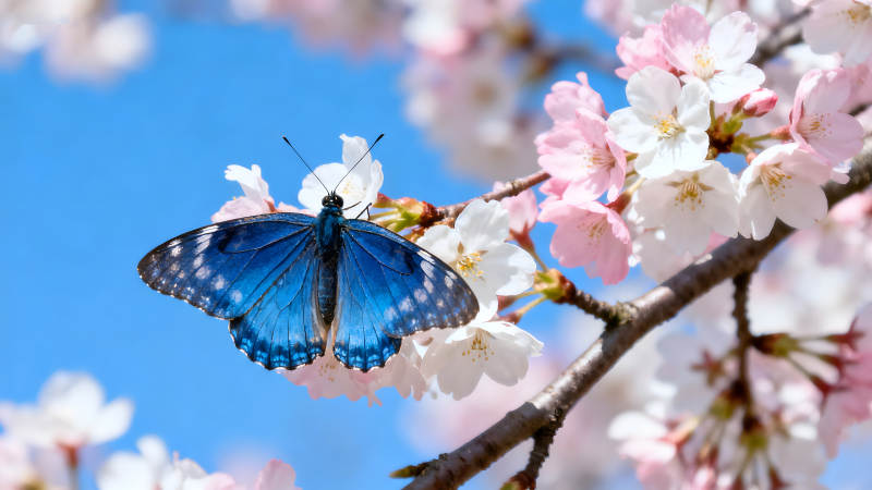 蓝蝴蝶栖息樱花绽放美景图片