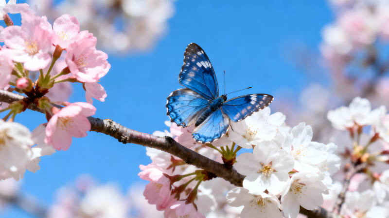 蓝蝴蝶停樱花枝头阳光明媚图片