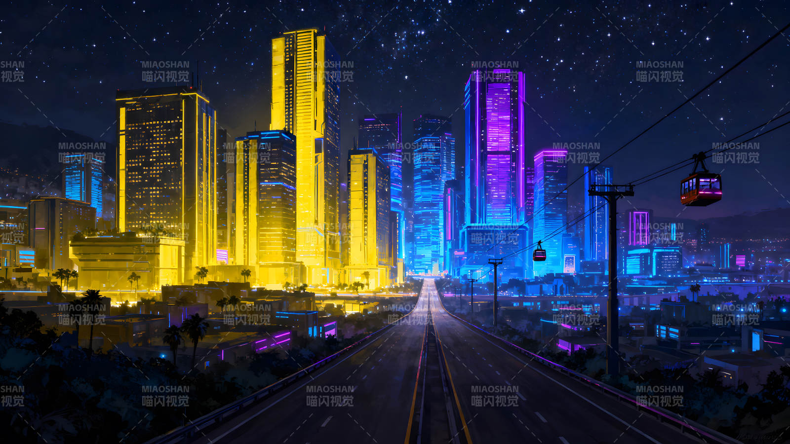 未来都市夜景星空下的绚丽霓虹图片