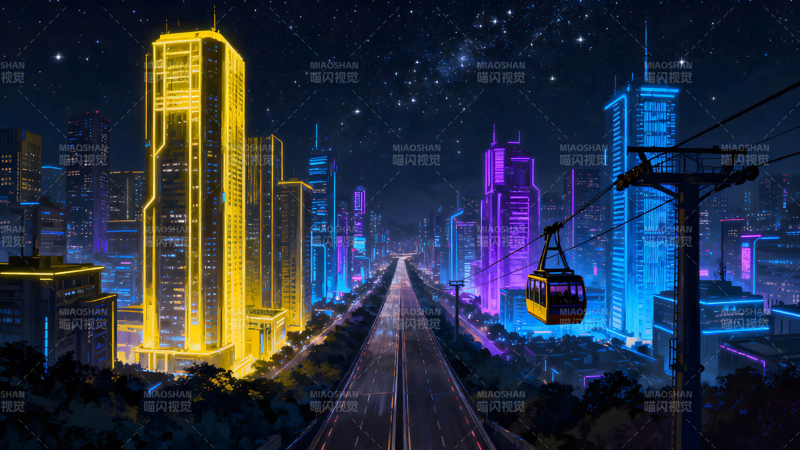 赛博朋克城市夜景缆车图片